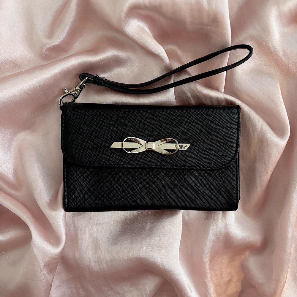 Victoria’s Secret Black Faux Leather Wristlet Wallet with Bow